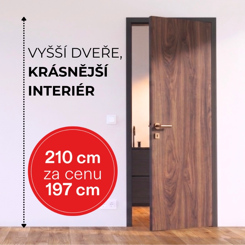Využijte akci na 210 cm vysoké dveře Sapeli, které aktuálně pořídíte bez příplatku - tedy za stejnou cenu, jako klasické 197 cm.