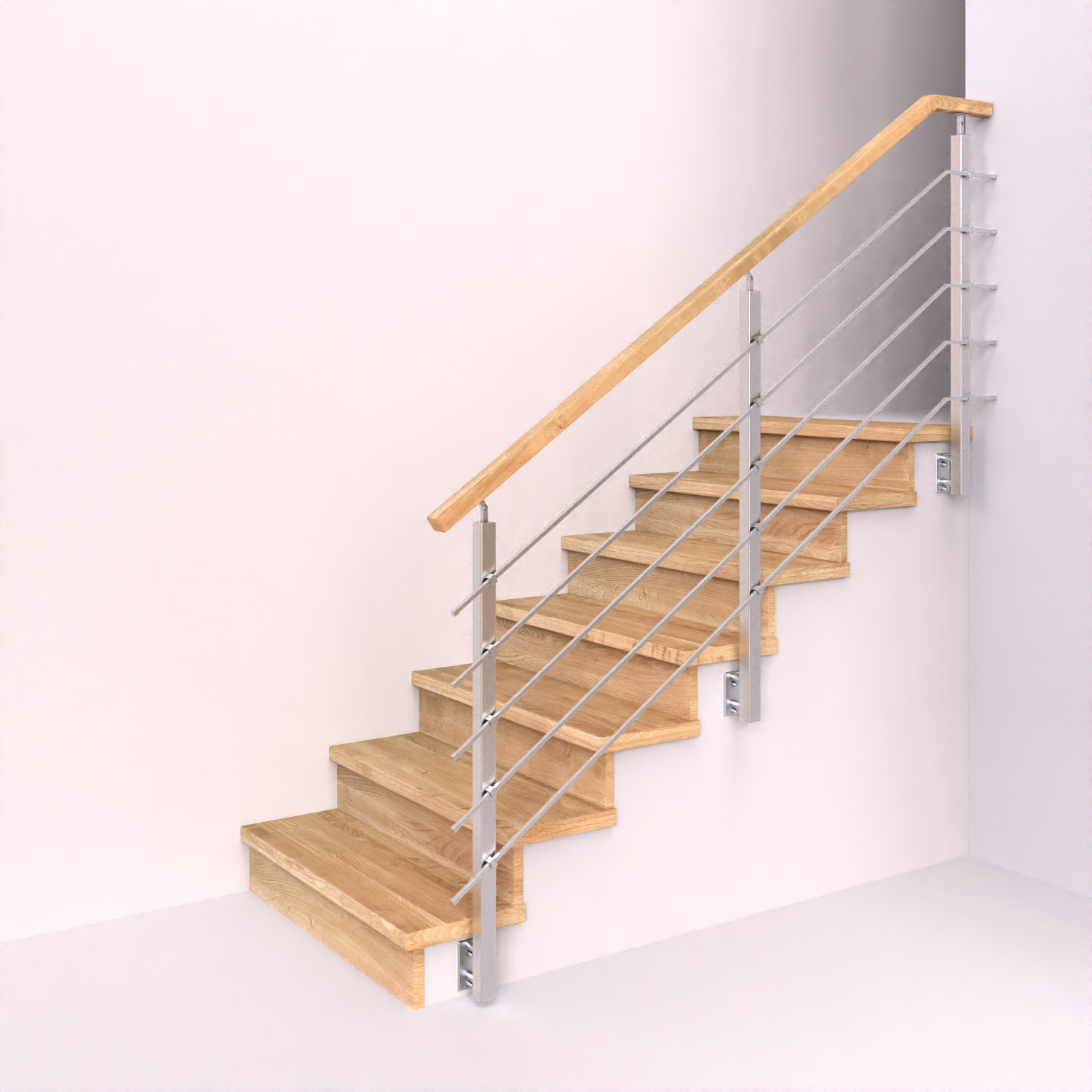 Obklad schodiště s nerezovým zábradlím