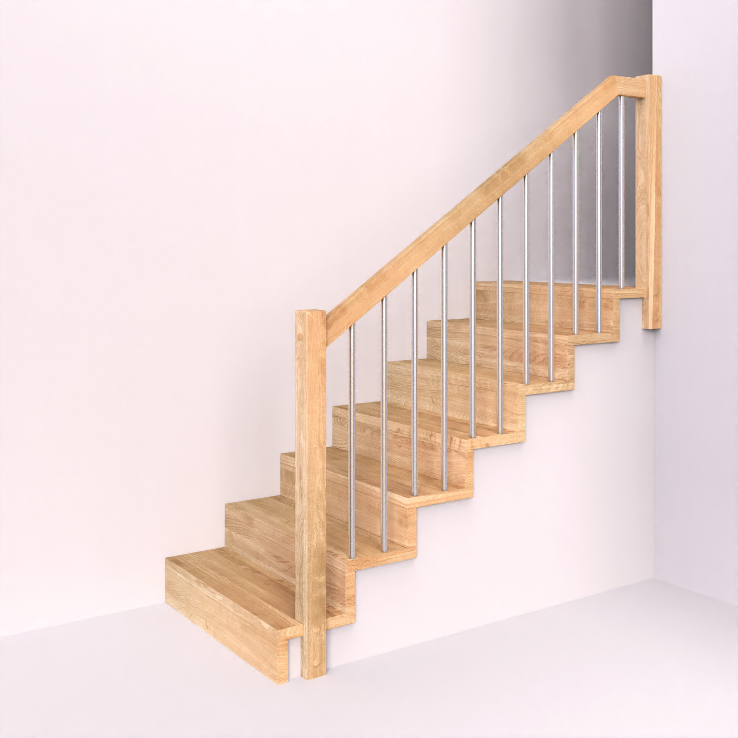 Dřevěné schody s dřevěným zábradlím s kovovou svislou výplní