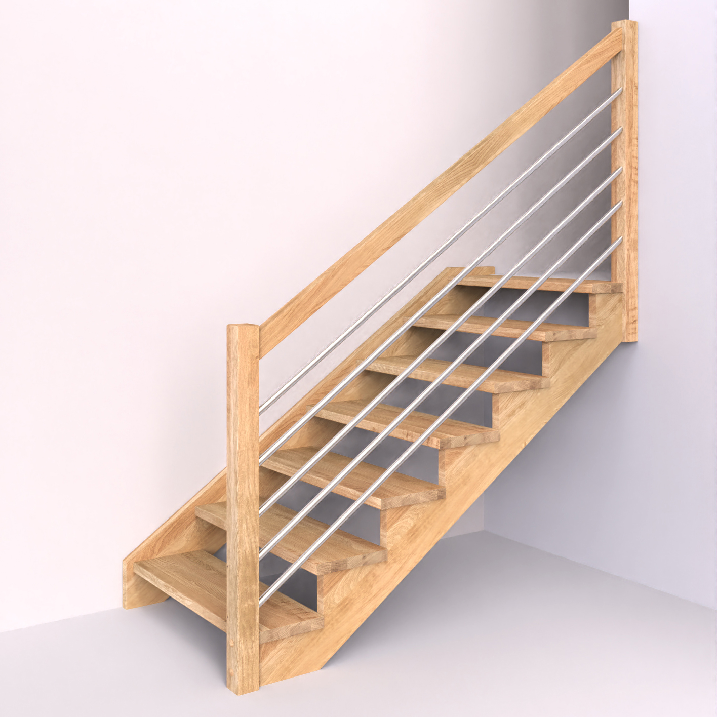 Dřevěné schody s dřevěným zábradlím s vodorovnou nerezovou výplní