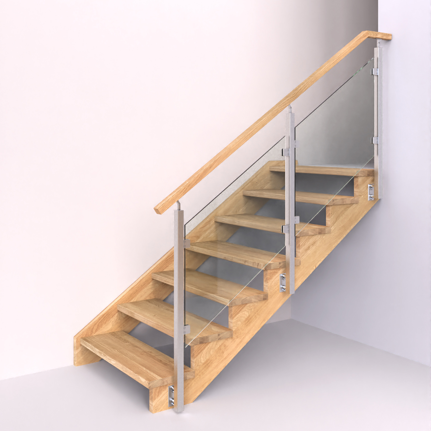 dřevěné schody s nerezovým hranatým zábradlím se skleněnou výplní