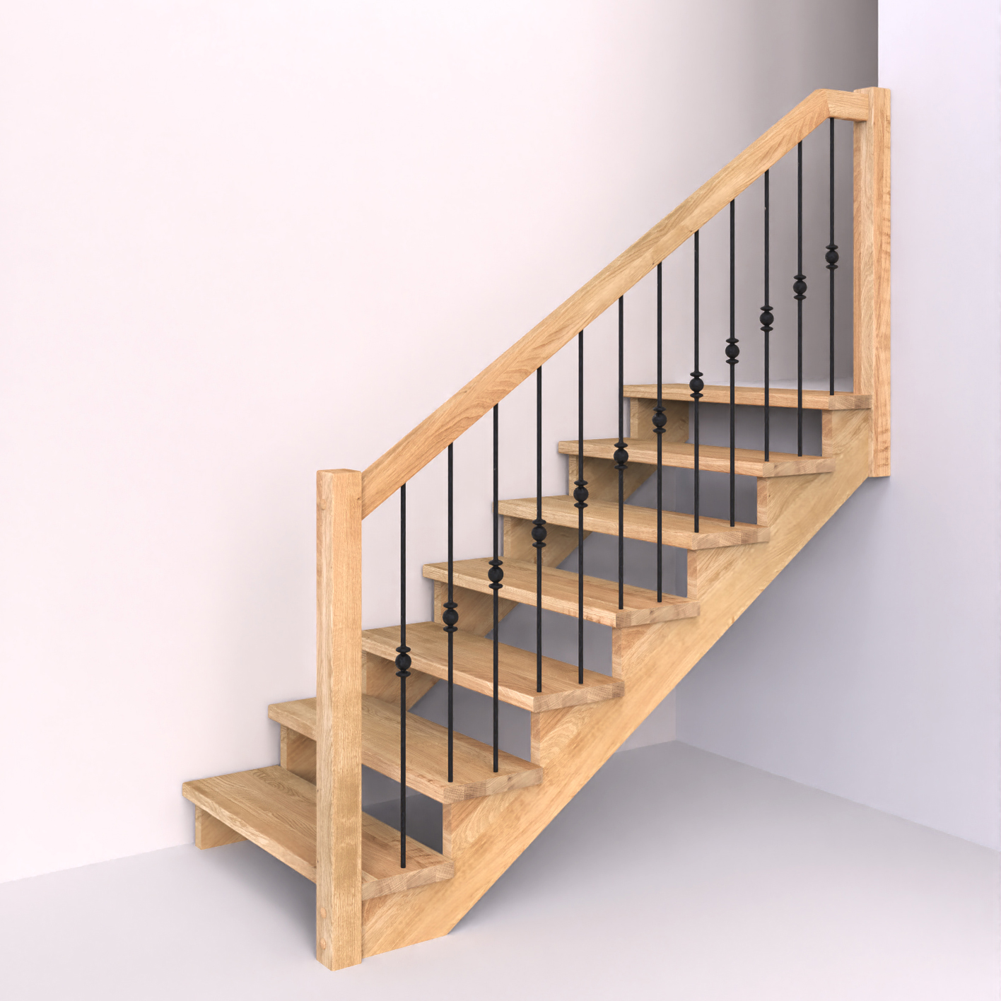 Dřevěné schody s dřevěným zábradlím s kovanou výplní