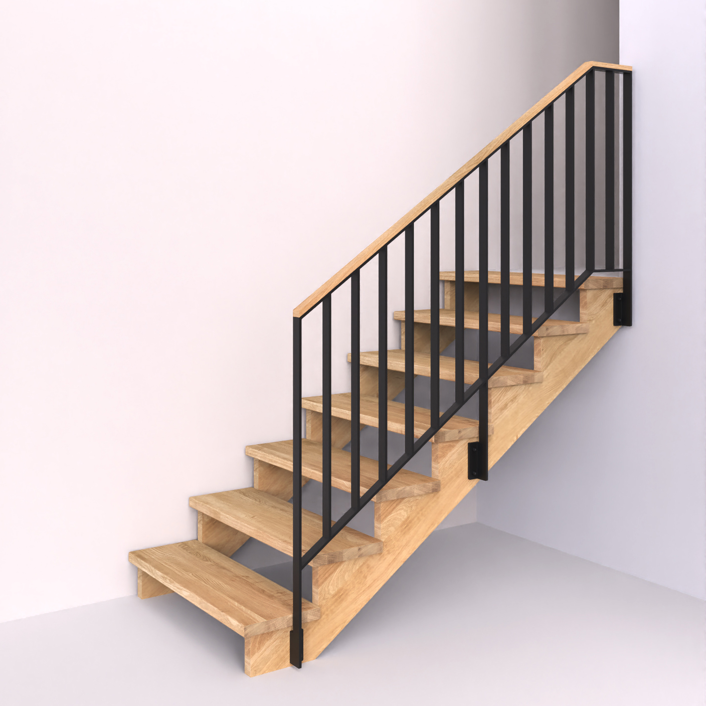 dřevěné schody s ocelovým pásovinovým zábradlím se svislou výplní