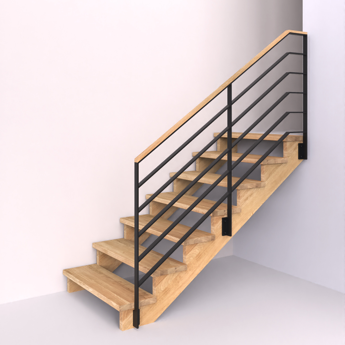 dřevěné schody s ocelovým pásovinovým zábradlím s vodorovnou výplní