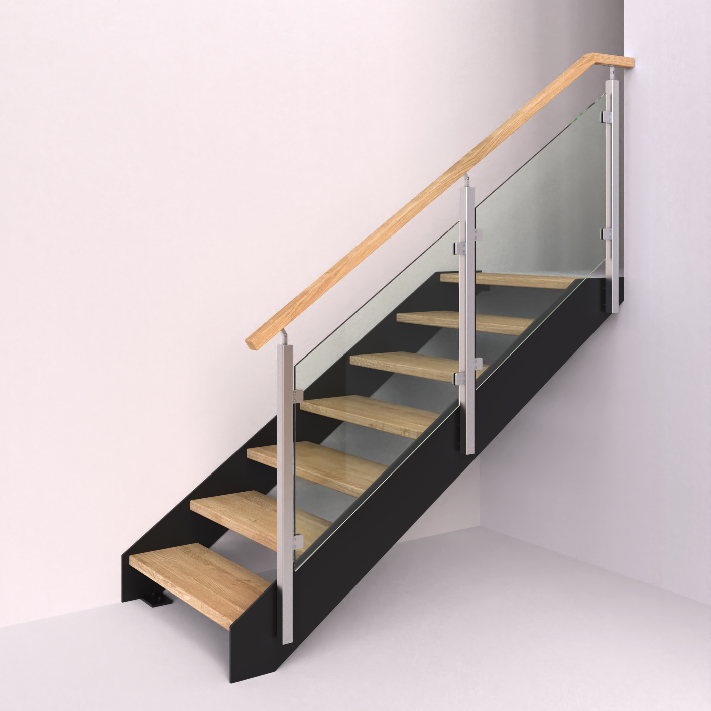 ocelové schodiště s nerezovým hranatým zábradlím se skleněnou výplní