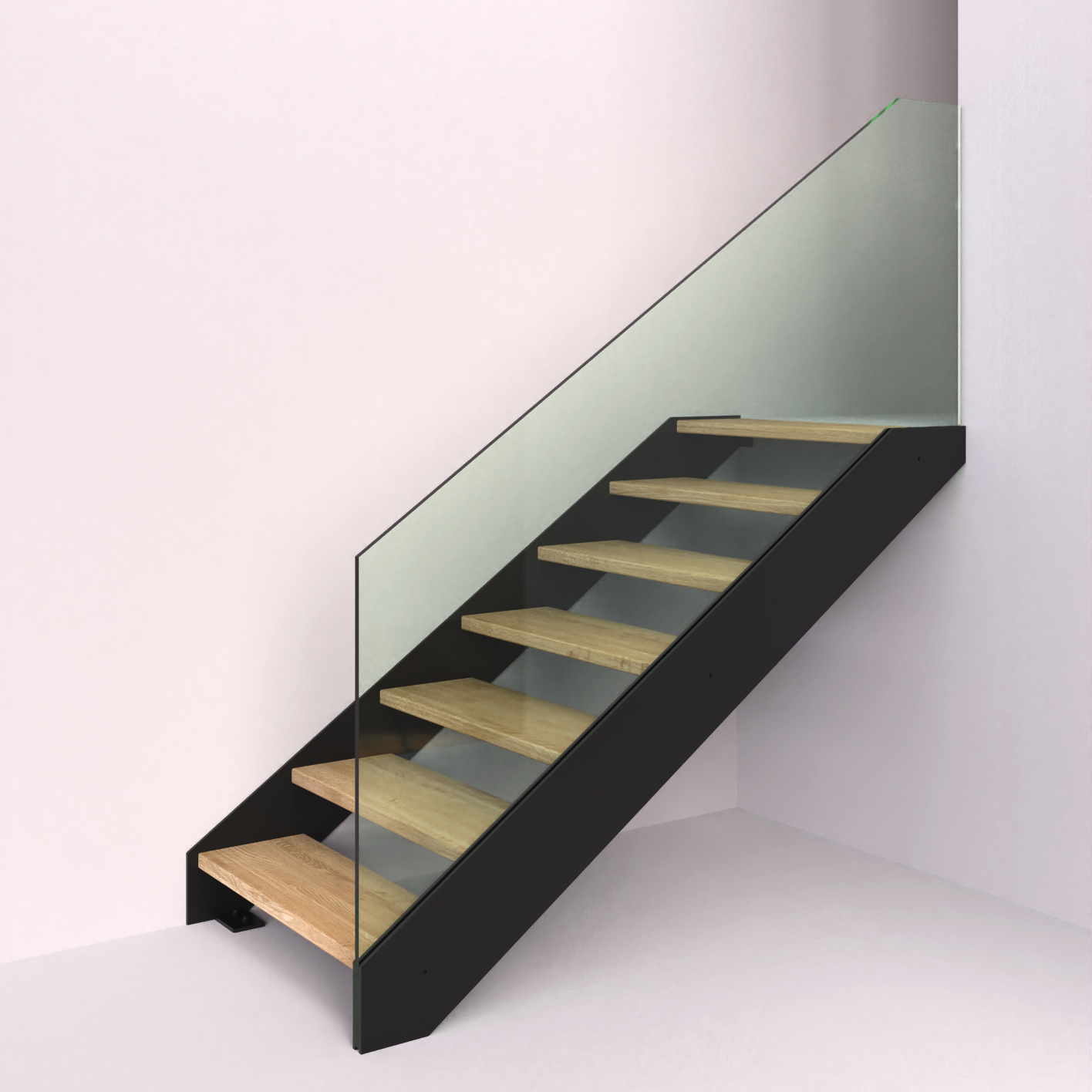 ocelové schodiště s celoskleněným zábradlím kotvené mezi schodnice