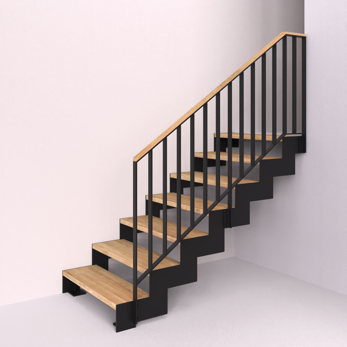 Ocelová schodnice s pásovinovým zábradlím se svislou výplní