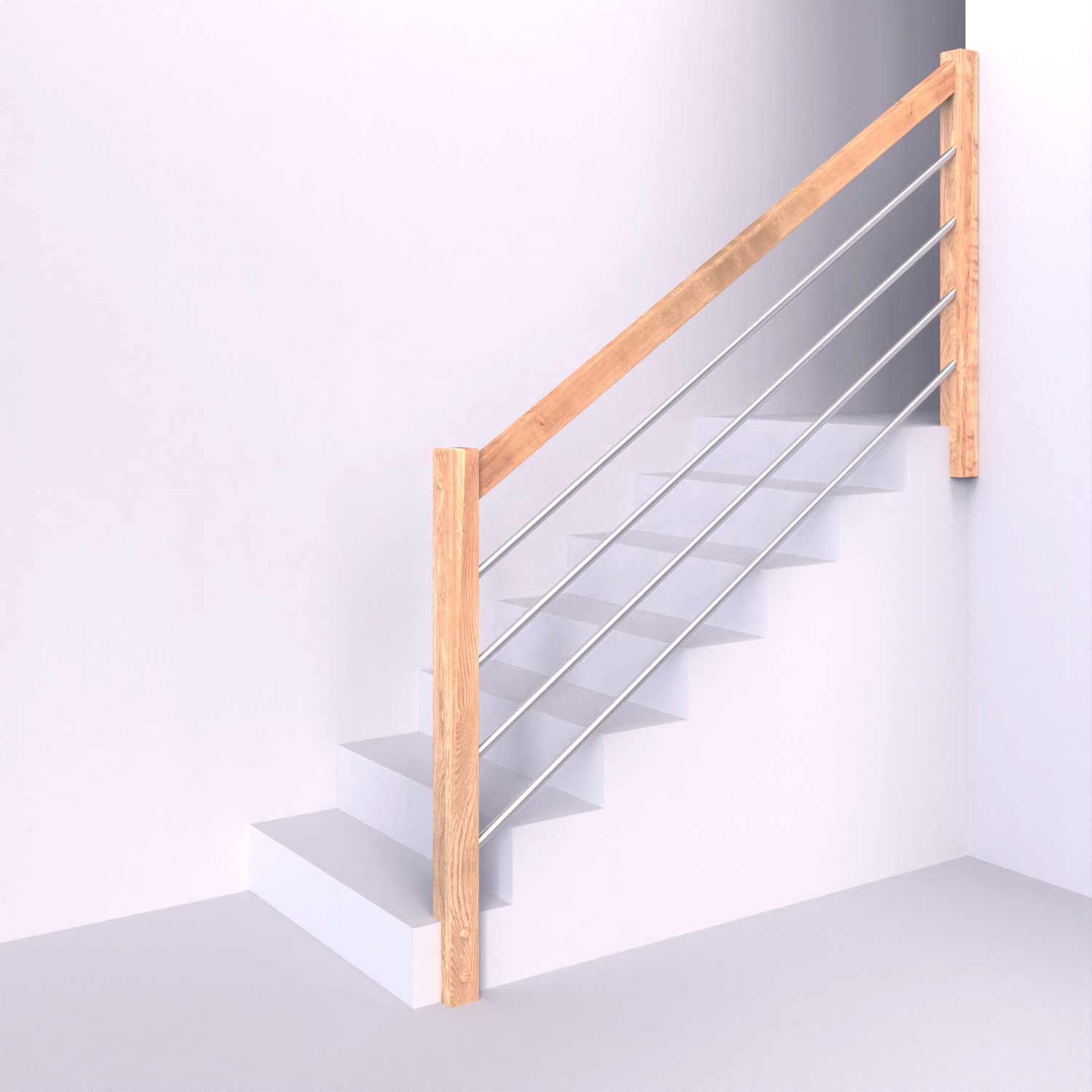 Dřevěné zábradlí s hranatými sloupky s vodorovnou nerezovou kulatou výplní