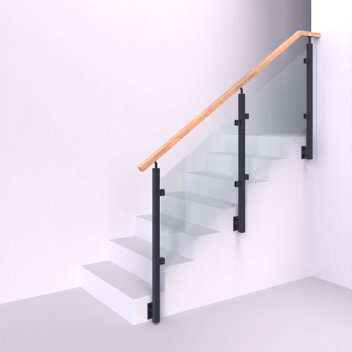 Ocelové zábradlí s hranatými sloupky se skleněnou výplní