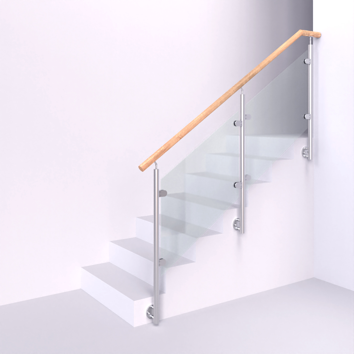 Skleněné zábradlí s kulatými nerezovými sloupky se skleněnou výplní