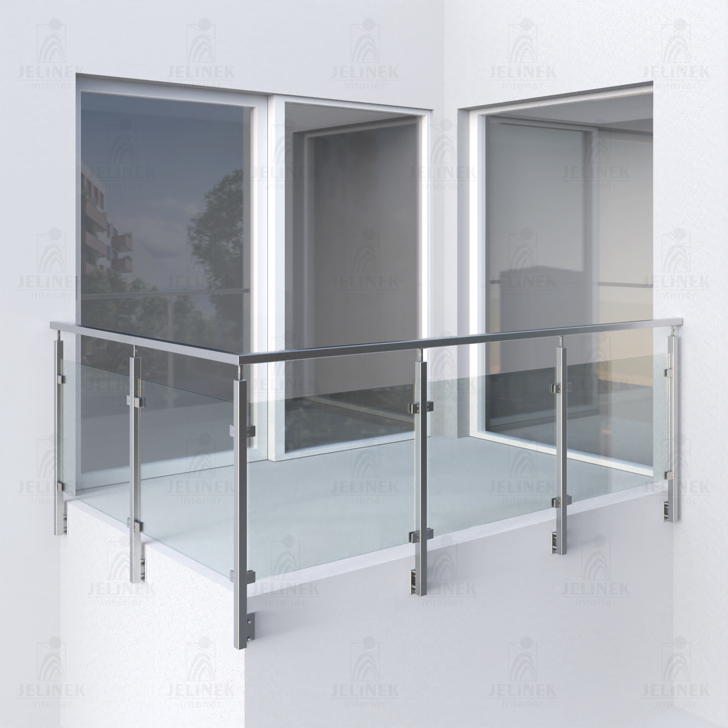 nerezové zábradlí s hranatými sloupky se skleněnou výplní