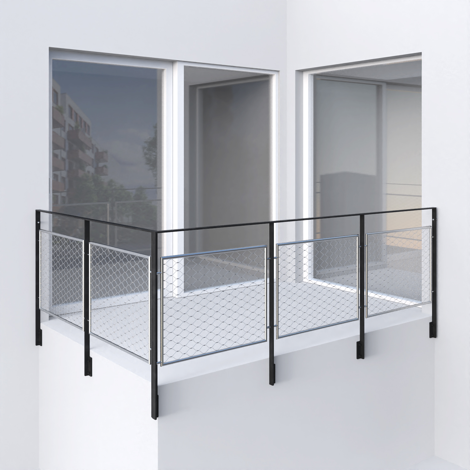 ocelové pásovinové zábradlí se síťovou výplní